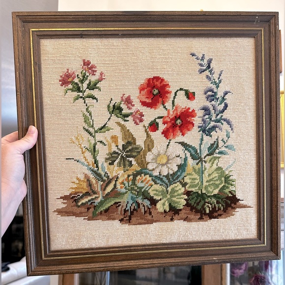 Vintage Other - Vintage Floral Handmade Needlepoint Art Wall Decor